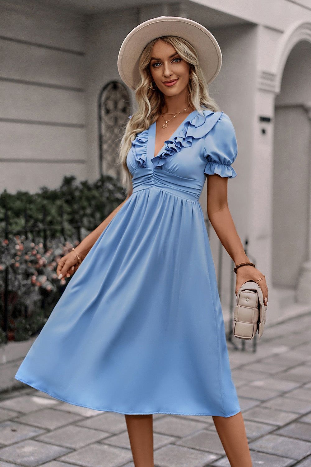 V Neck Blue Summer Dress with Short Sleeves sold by Zapaka product image thumbnail 3