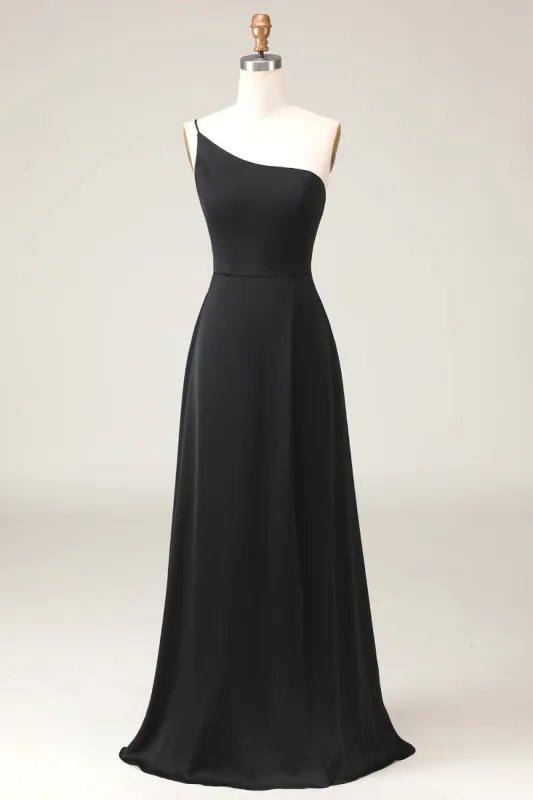 Black A-line Chiffon One Shoulder Floor Length Bridesmaid Dress sold by Zapaka