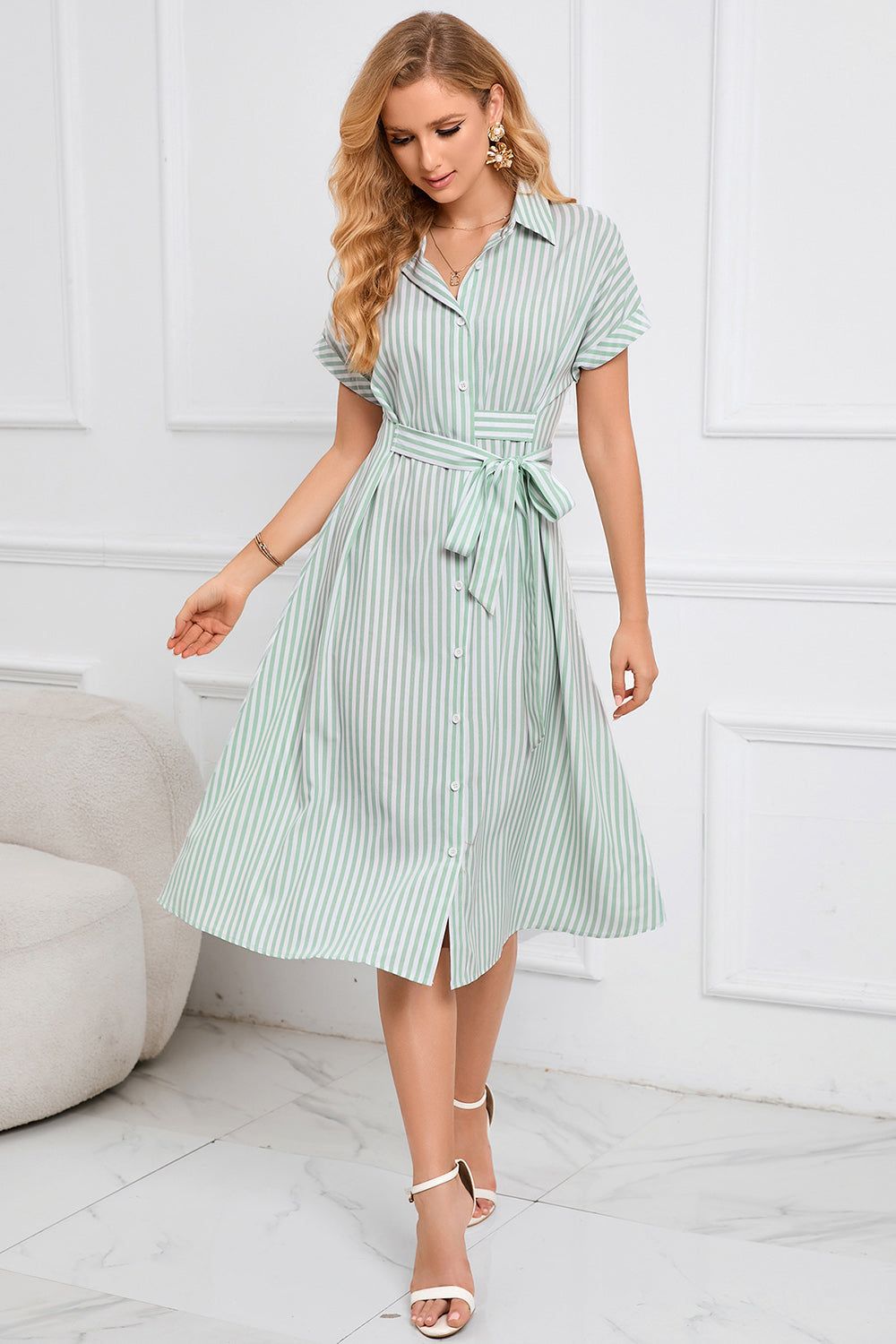 Light Green Stripes Summer Dress with Belt sold by Zapaka product image thumbnail 5