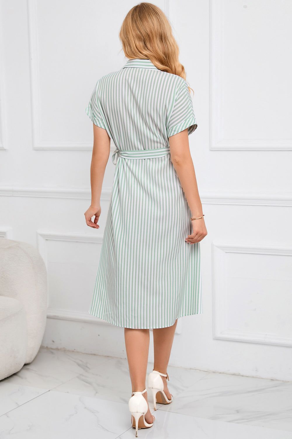 Light Green Stripes Summer Dress with Belt sold by Zapaka product image thumbnail 2