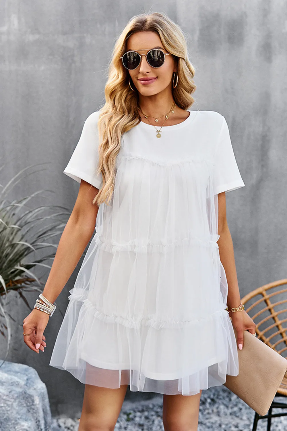 White Tulle Short Sleeves Short Casual Dress sold by Zapaka product image thumbnail 3