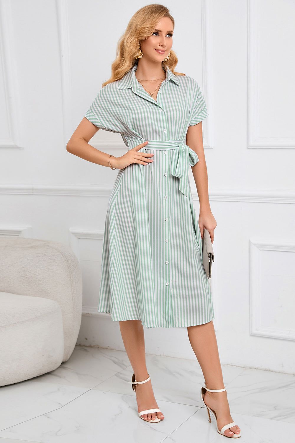 Light Green Stripes Summer Dress with Belt sold by Zapaka product image thumbnail 3