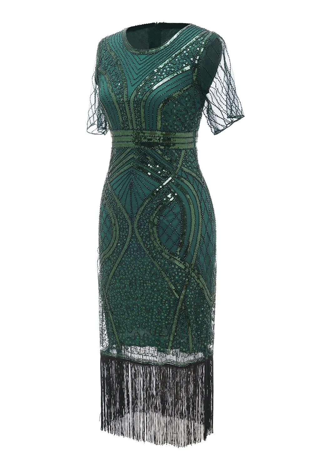 Dark Green Short Sleeves 1920s Dress With Fringes sold by Zapaka product image thumbnail 3
