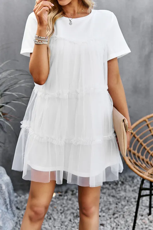 White Tulle Short Sleeves Short Casual Dress sold by Zapaka