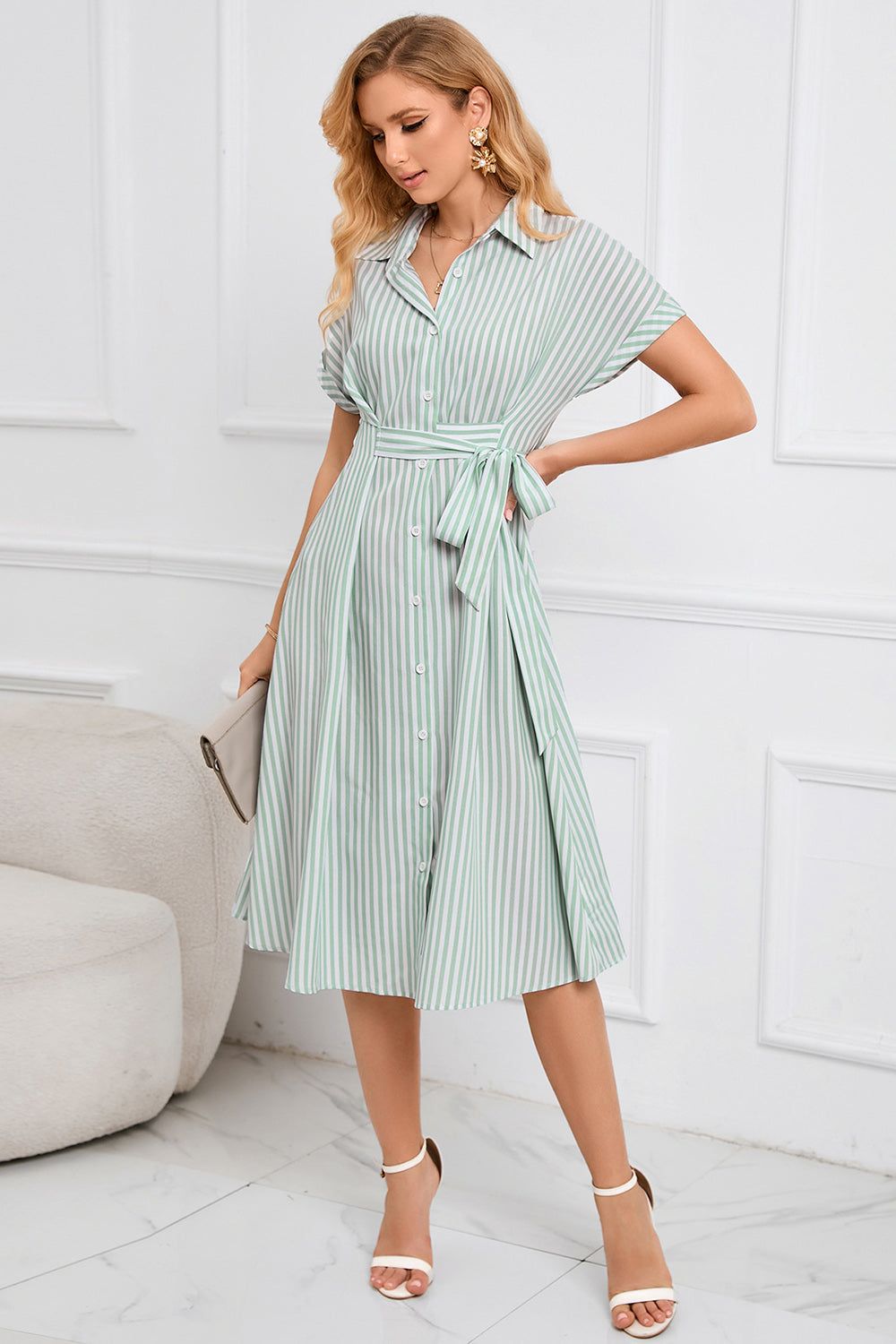 Light Green Stripes Summer Dress with Belt sold by Zapaka product image thumbnail 4