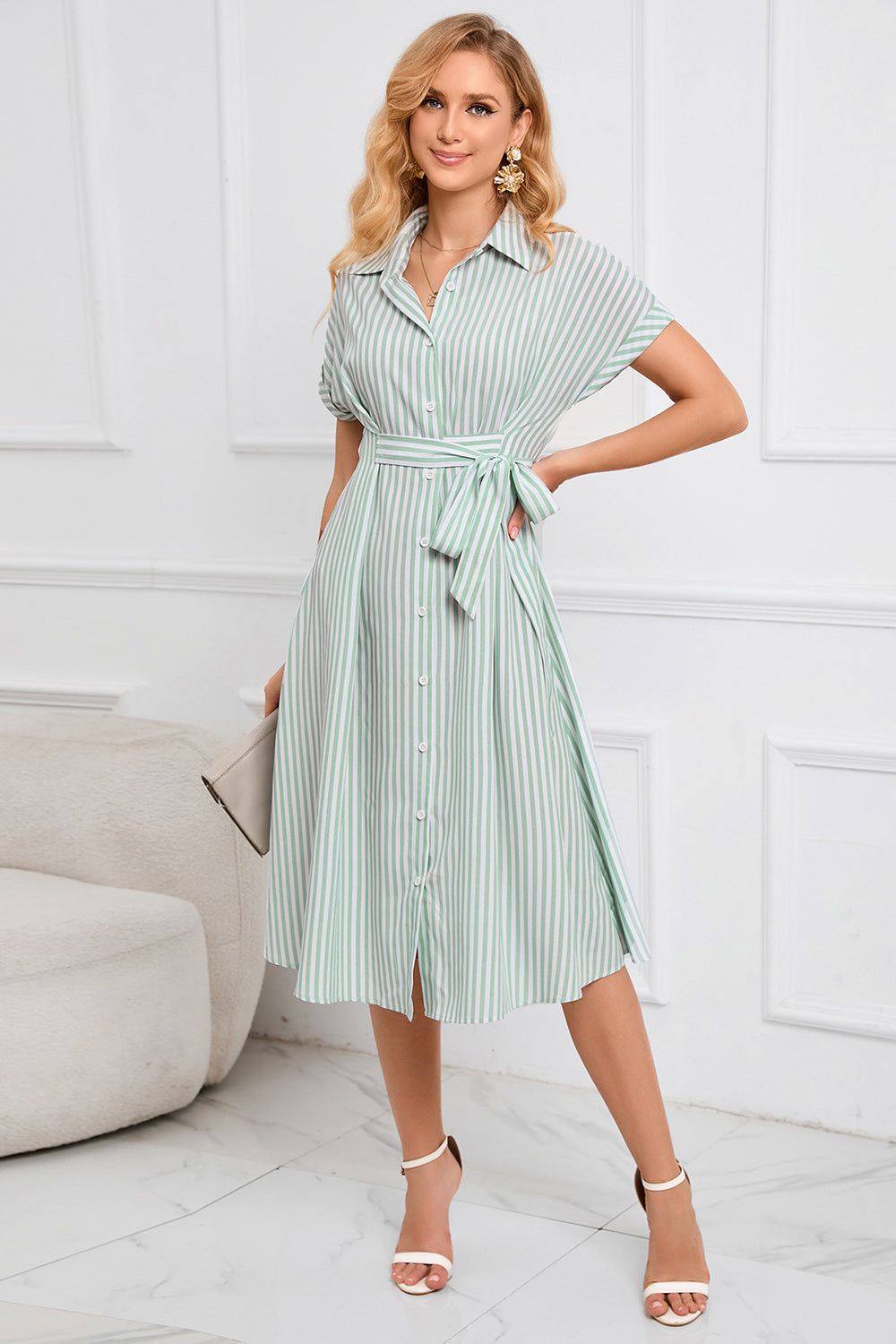 Light Green Stripes Summer Dress with Belt sold by Zapaka
