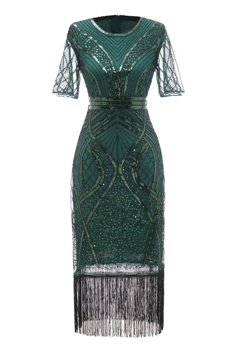 Dark Green Short Sleeves 1920s Dress With Fringes sold by Zapaka