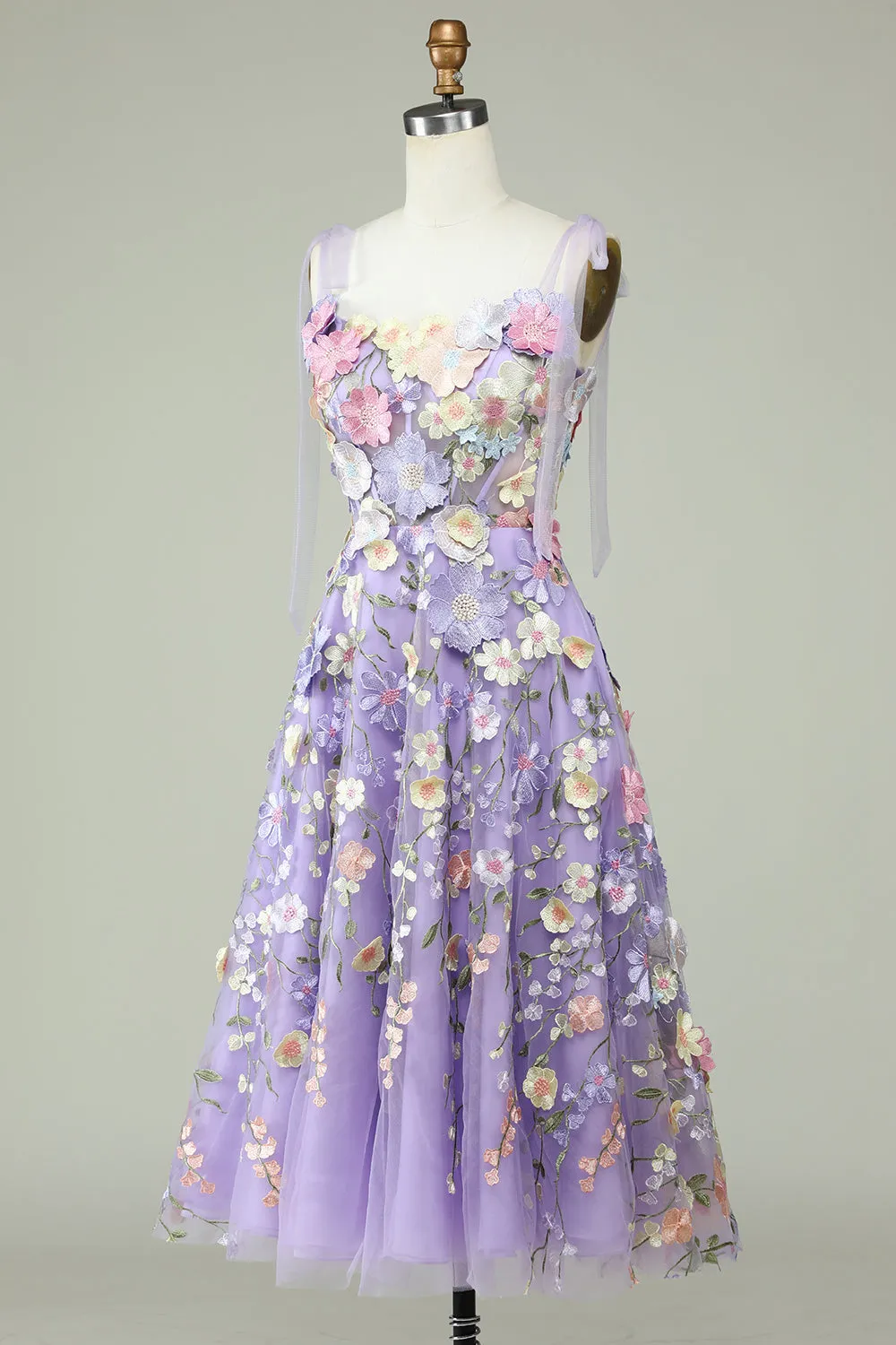 A Line Spaghetti Straps Purple Tea Length Prom Dress with 3D Flowers sold by Zapaka product image thumbnail 3