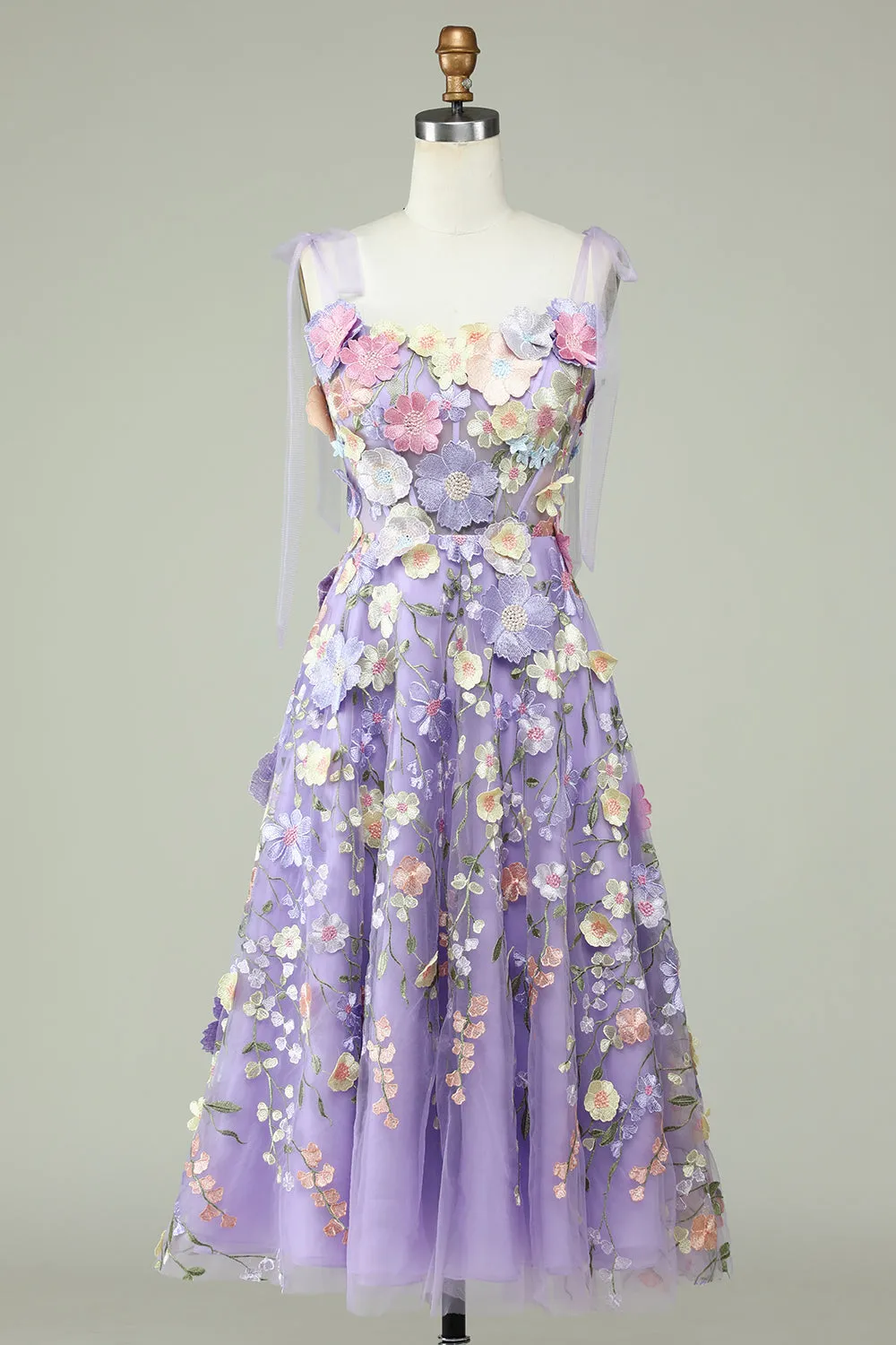 A Line Spaghetti Straps Purple Tea Length Prom Dress with 3D Flowers sold by Zapaka