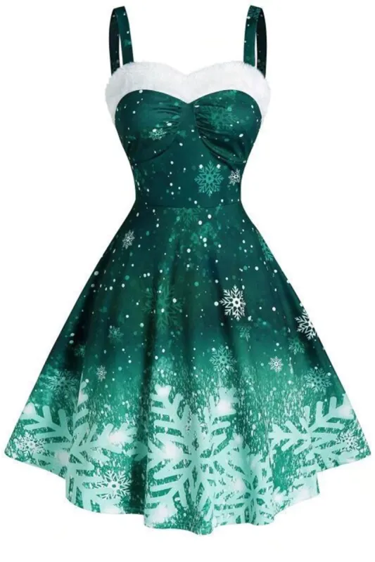 Green Christmas Snowflake Print Vintage Dress sold by Zapaka