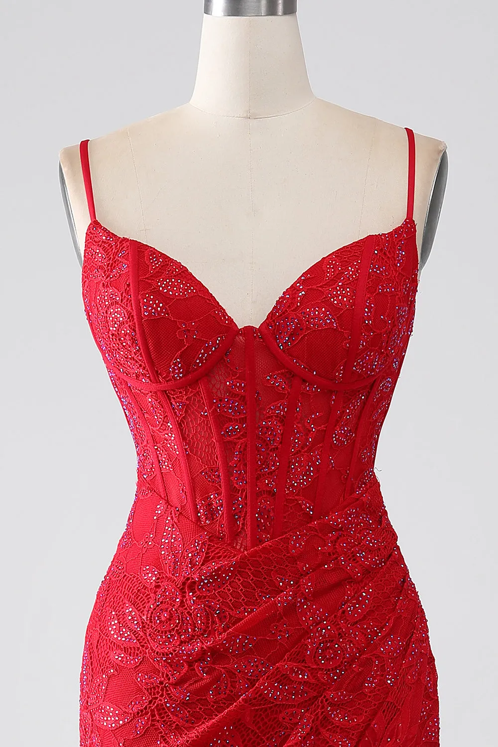 Red Mermaid Spaghetti Straps Beaded Lace Applique Prom Dress With Slit sold by Zapaka product image thumbnail 4