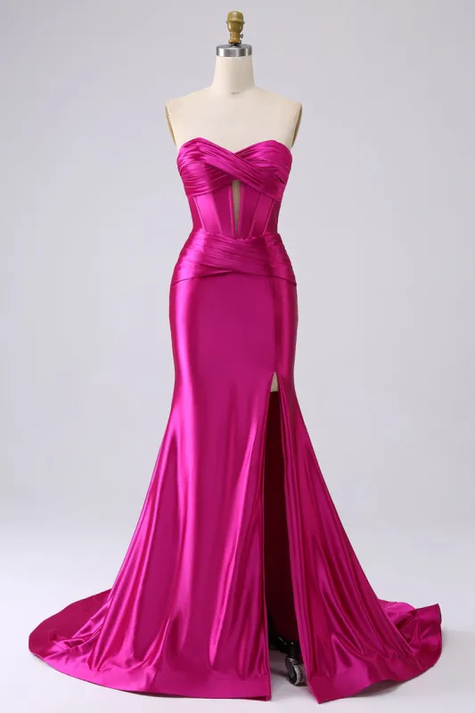 Sparkly Fuchsia Mermaid Sweetheart Corset Long Prom Dress with Slit sold by Zapaka