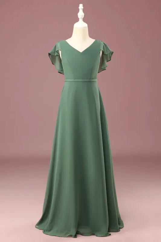 A-line Eucalyptus Chiffon Long Cap Sleeve Junior Bridesmaid Dress sold by Zapaka