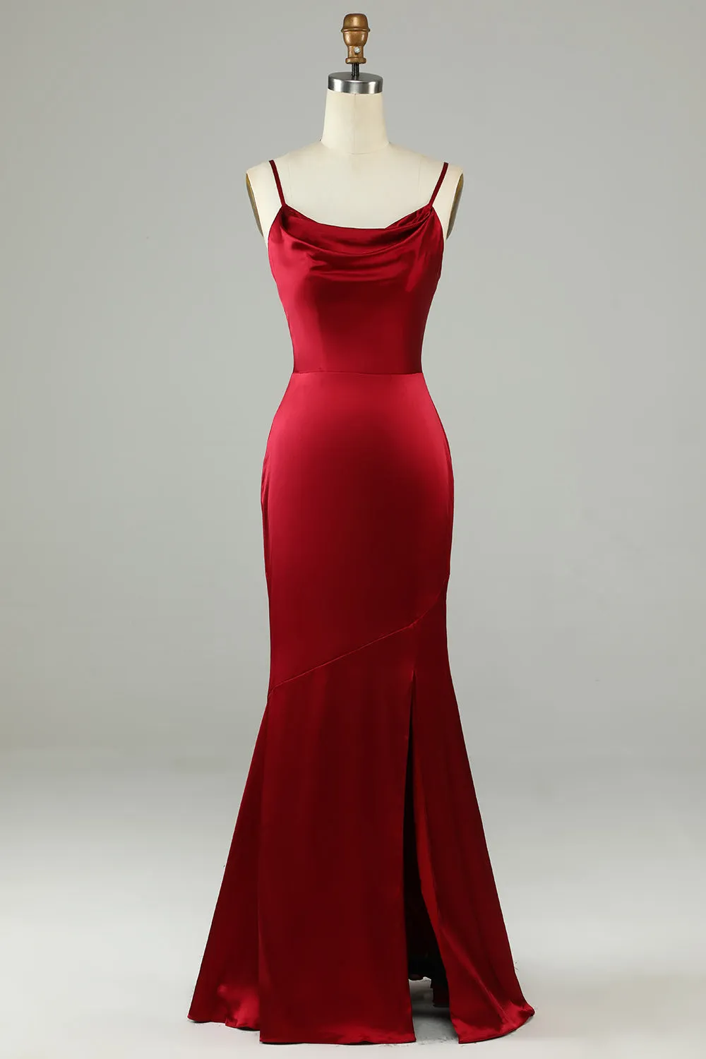 Spaghetti Straps Burgundy Long Bridesmaid Dress with Slit sold by Zapaka