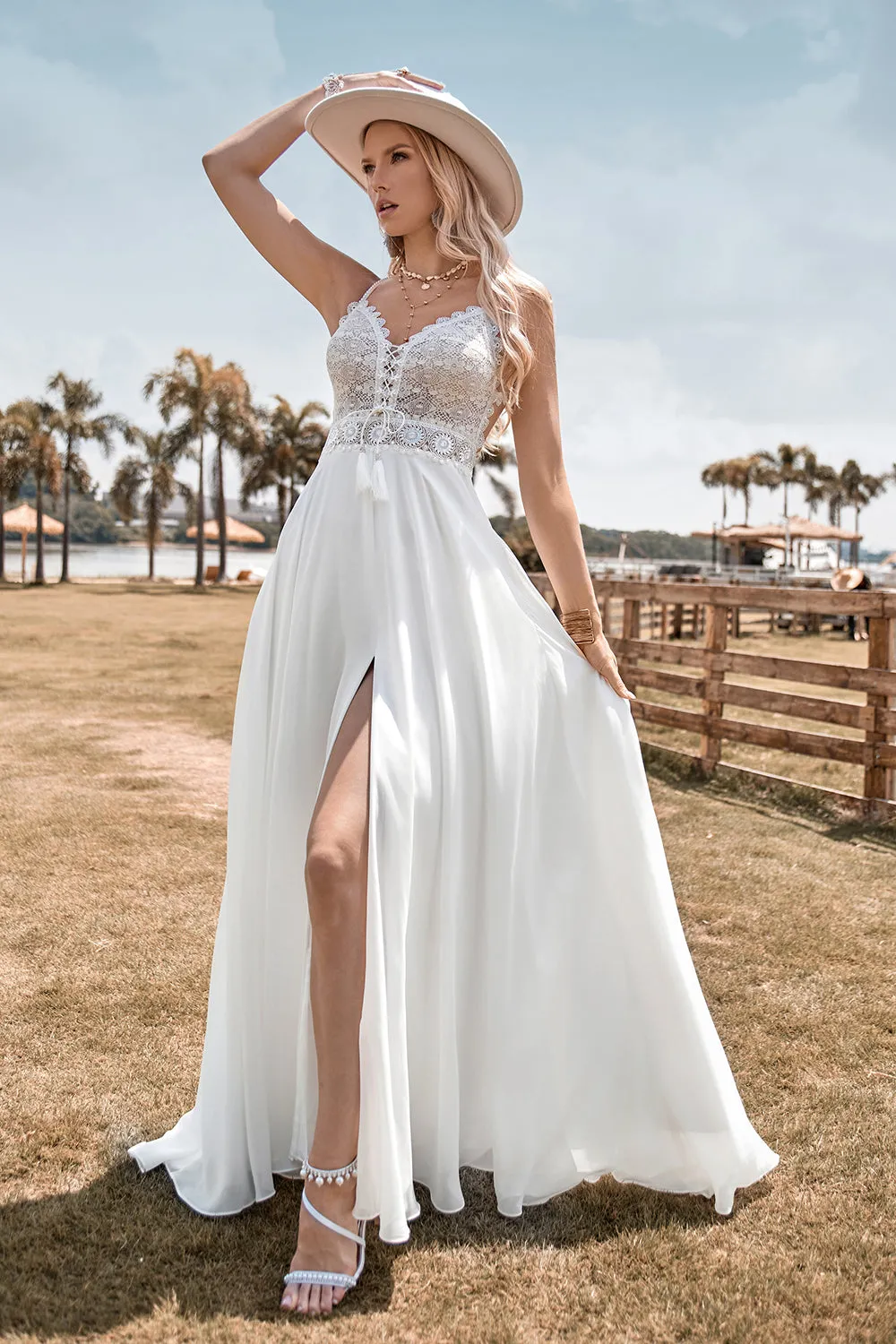 Lace Backless Spaghetti Straps Boho Wedding Dress with with Slit sold by Zapaka