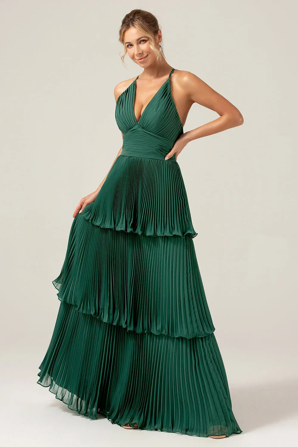 A-Line Tiered Chiffon Dark Green Long Bridesmaid Dress with Pleated sold by Zapaka product image thumbnail 3