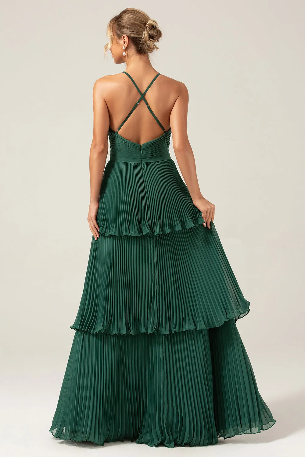 A-Line Tiered Chiffon Dark Green Long Bridesmaid Dress with Pleated sold by Zapaka product image thumbnail 2