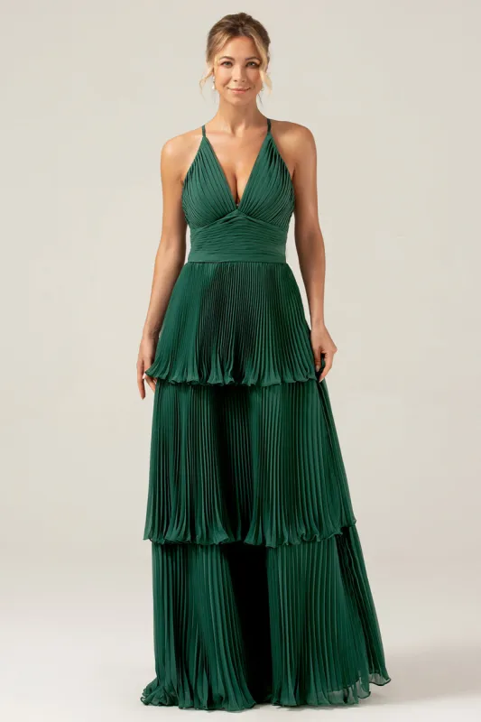 A-Line Tiered Chiffon Dark Green Long Bridesmaid Dress with Pleated sold by Zapaka