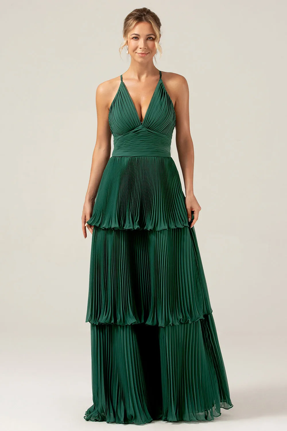 A-Line Tiered Chiffon Dark Green Long Bridesmaid Dress with Pleated sold by Zapaka