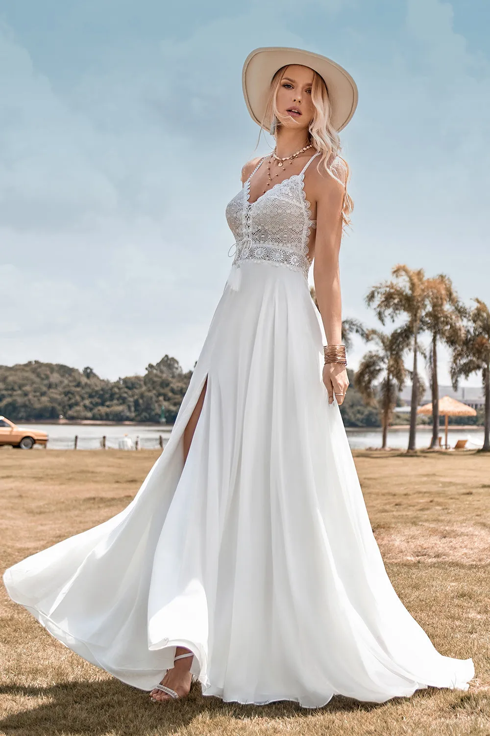 Lace Backless Spaghetti Straps Boho Wedding Dress with with Slit sold by Zapaka product image thumbnail 4