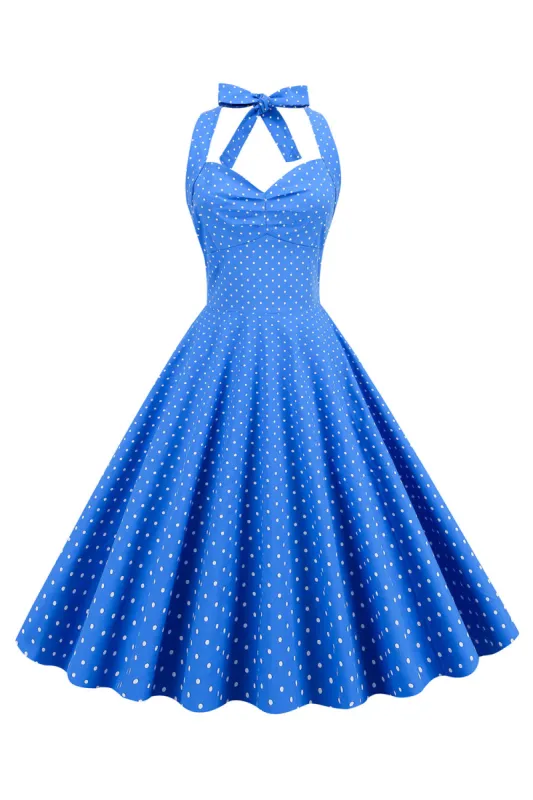 Halter Neck Blue Polka Dots Vintage Dress with Backless sold by Zapaka