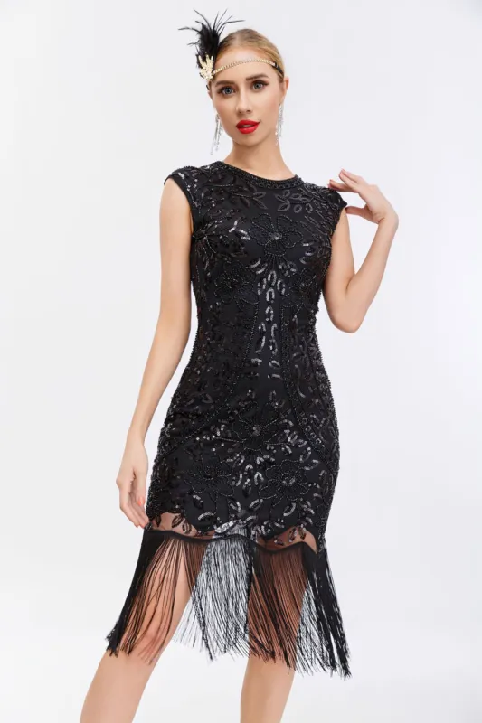 Black Sequins 1920s Gatsby Dress with Fringes sold by Zapaka