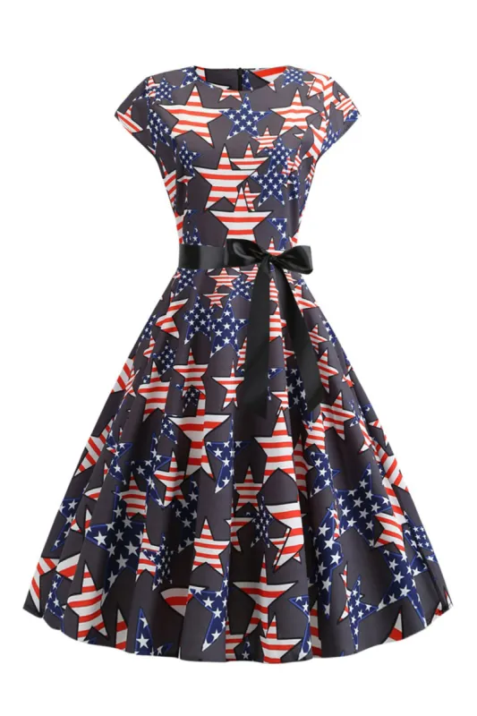Black Cap Sleeves American Flag Printed Vintage Dress sold by Zapaka