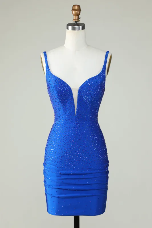 Deep V Neck Royal Blue Short Tight Homecoming Dress with Beading sold by Zapaka