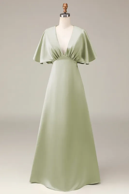 Dusty Sage V-neck Short Sleeves A-line Satin Bridesmaid Dress sold by Zapaka
