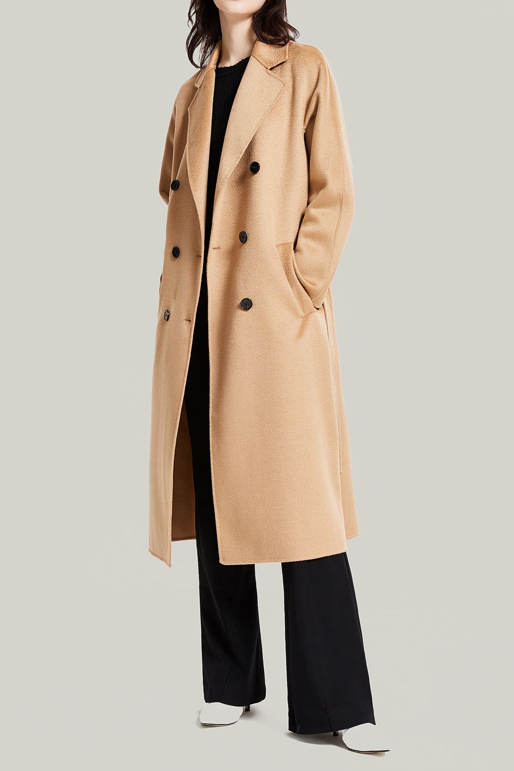 Camel Double Breasted Belted Wool Coat With Pockets sold by Zapaka