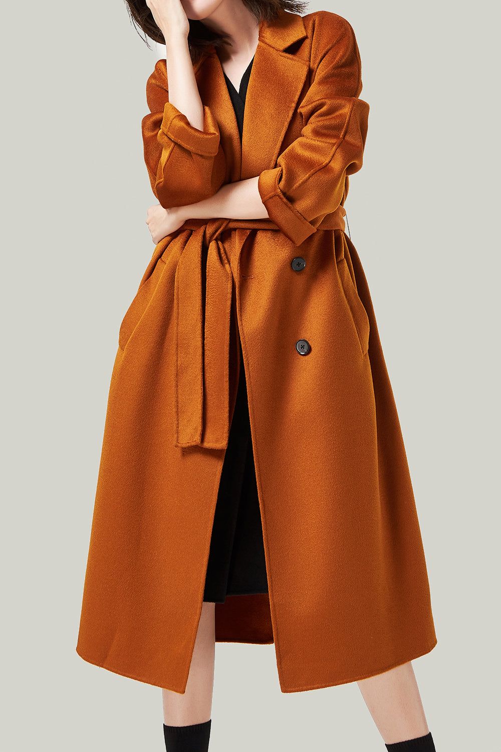 Camel Double Breasted Belted Wool Coat With Pockets sold by Zapaka product image thumbnail 5