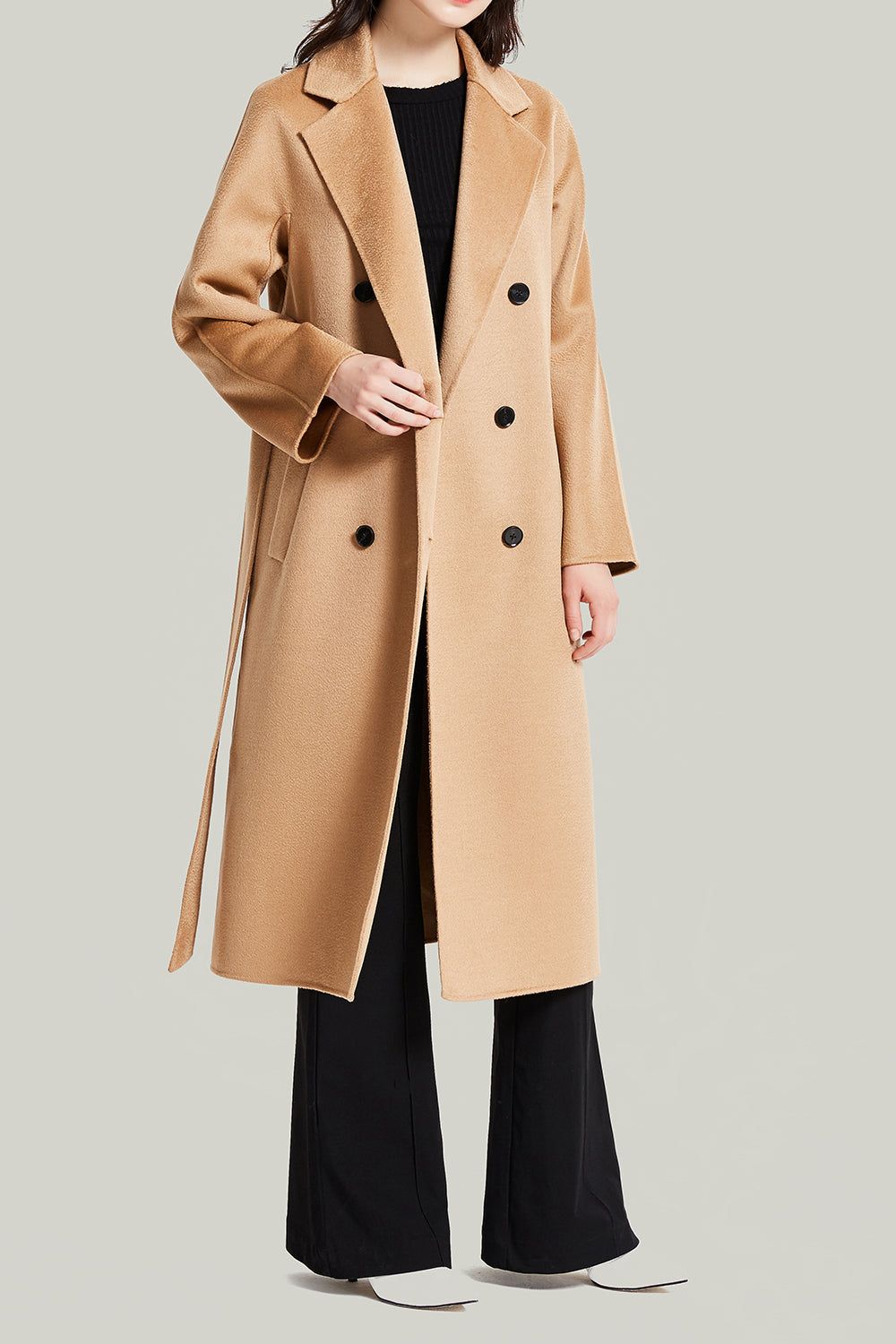 Camel Double Breasted Belted Wool Coat With Pockets sold by Zapaka product image thumbnail 3