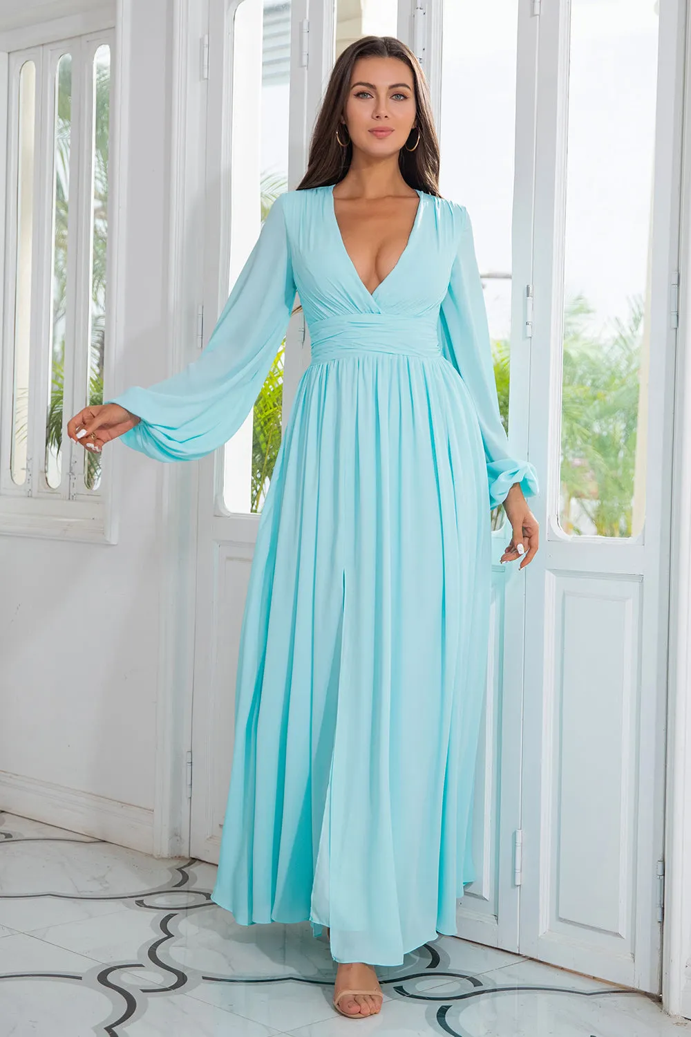 Light Green Chiffon Long Prom Dress with Slit sold by Zapaka