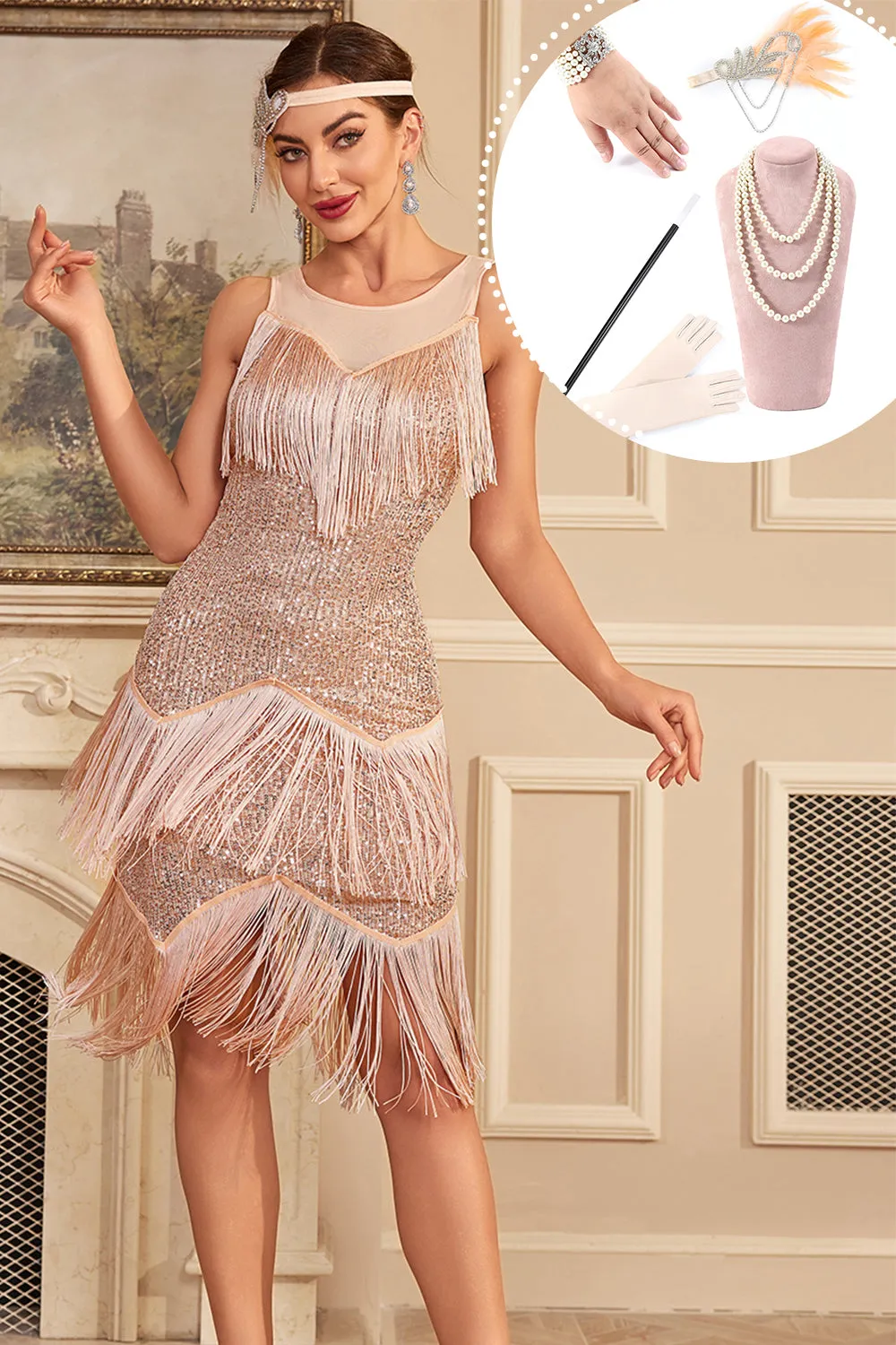 Sparkly Blush Tiered Fringed 1920s Dress with Accessories Set sold by Zapaka