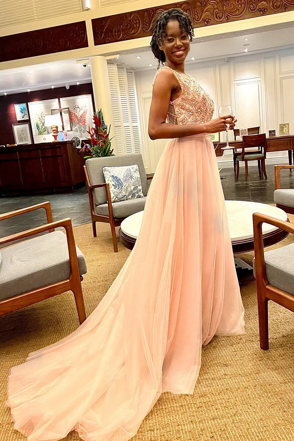 A Line Round Neck Blush Tulle Long Prom Dress with Beading sold by Zapaka product image thumbnail 2