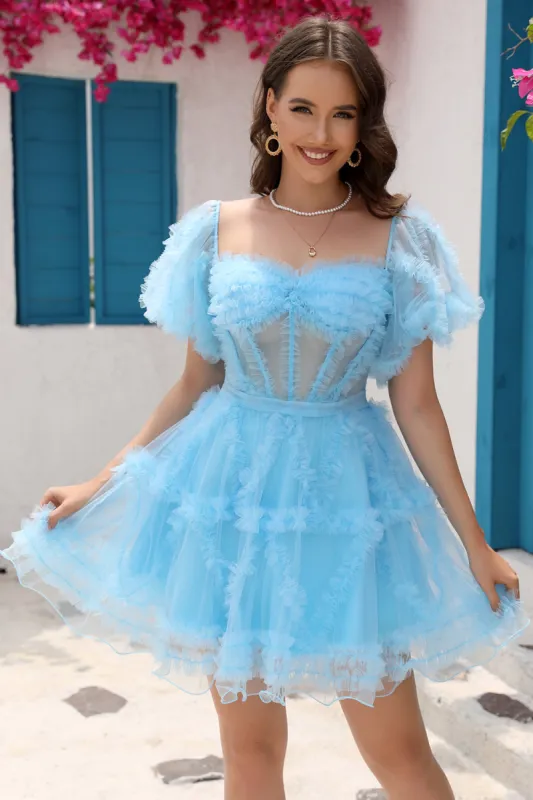 Blue Tulle Off The Shoulder Short Homecoming Dress sold by Zapaka