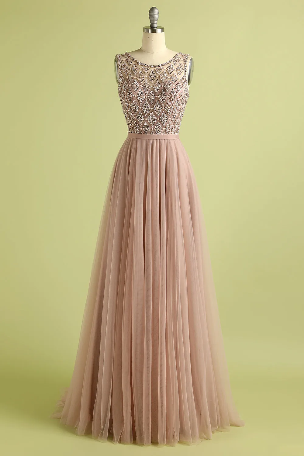 A Line Round Neck Blush Tulle Long Prom Dress with Beading sold by Zapaka product image thumbnail 4