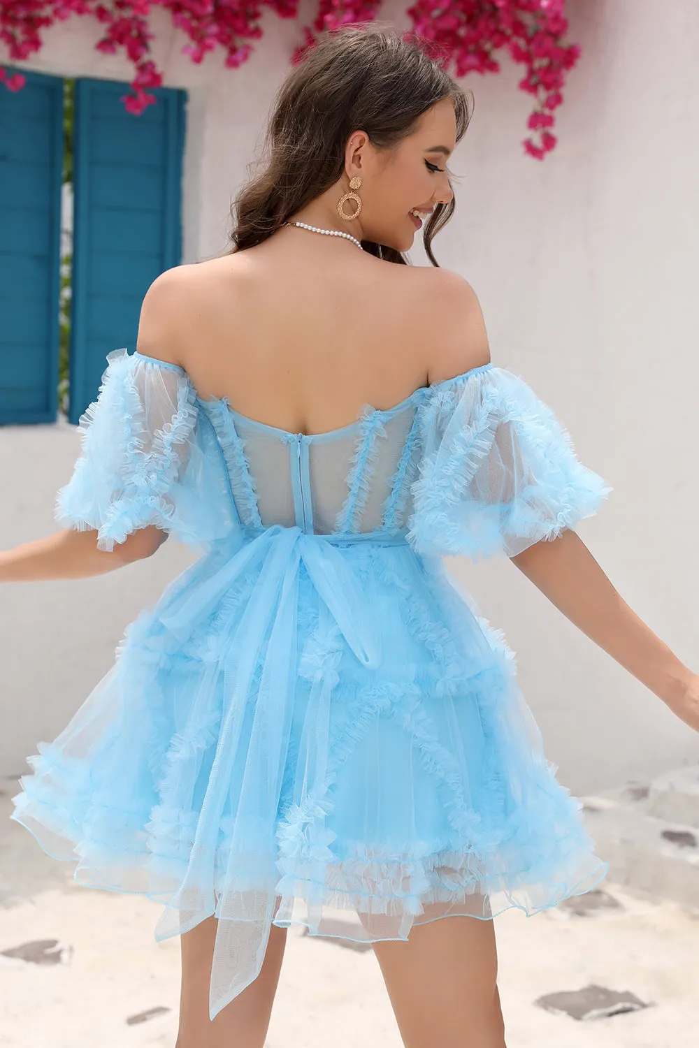 Blue Tulle Off The Shoulder Short Homecoming Dress sold by Zapaka product image thumbnail 2