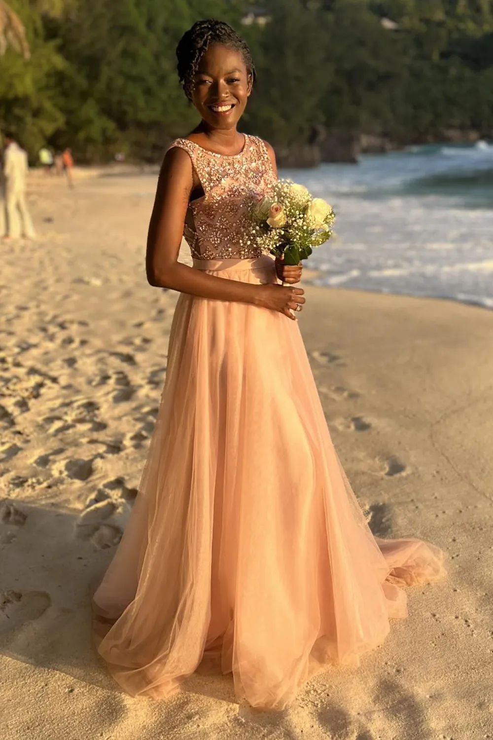 A Line Round Neck Blush Tulle Long Prom Dress with Beading sold by Zapaka product image thumbnail 3