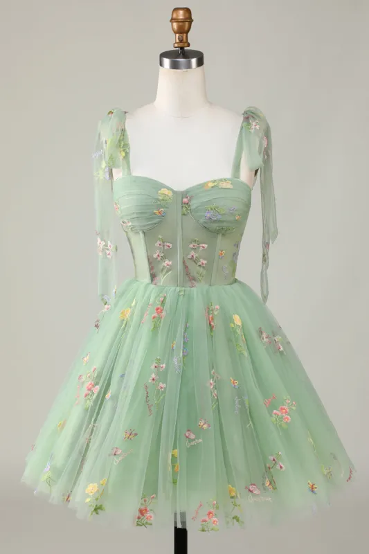 Trendy A Line Spaghetti Straps Green Short Homecoming Dress with Embroidery sold by Zapaka