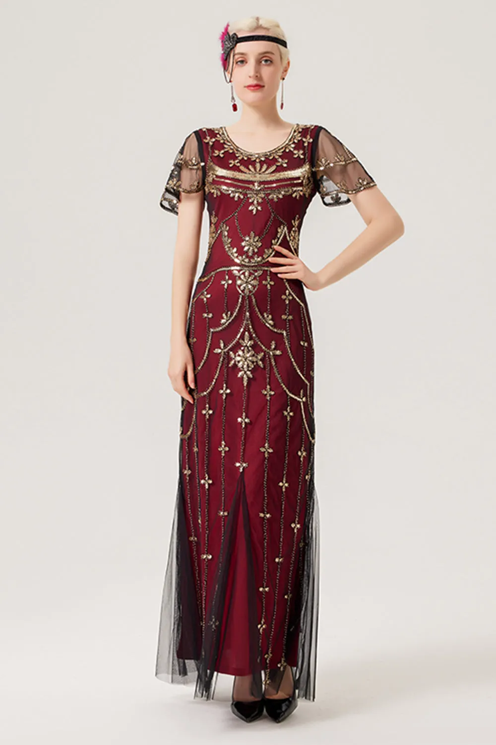 Burgundy Sequins Long 1920s Dress with 20s Accessories Set sold by Zapaka product image thumbnail 4