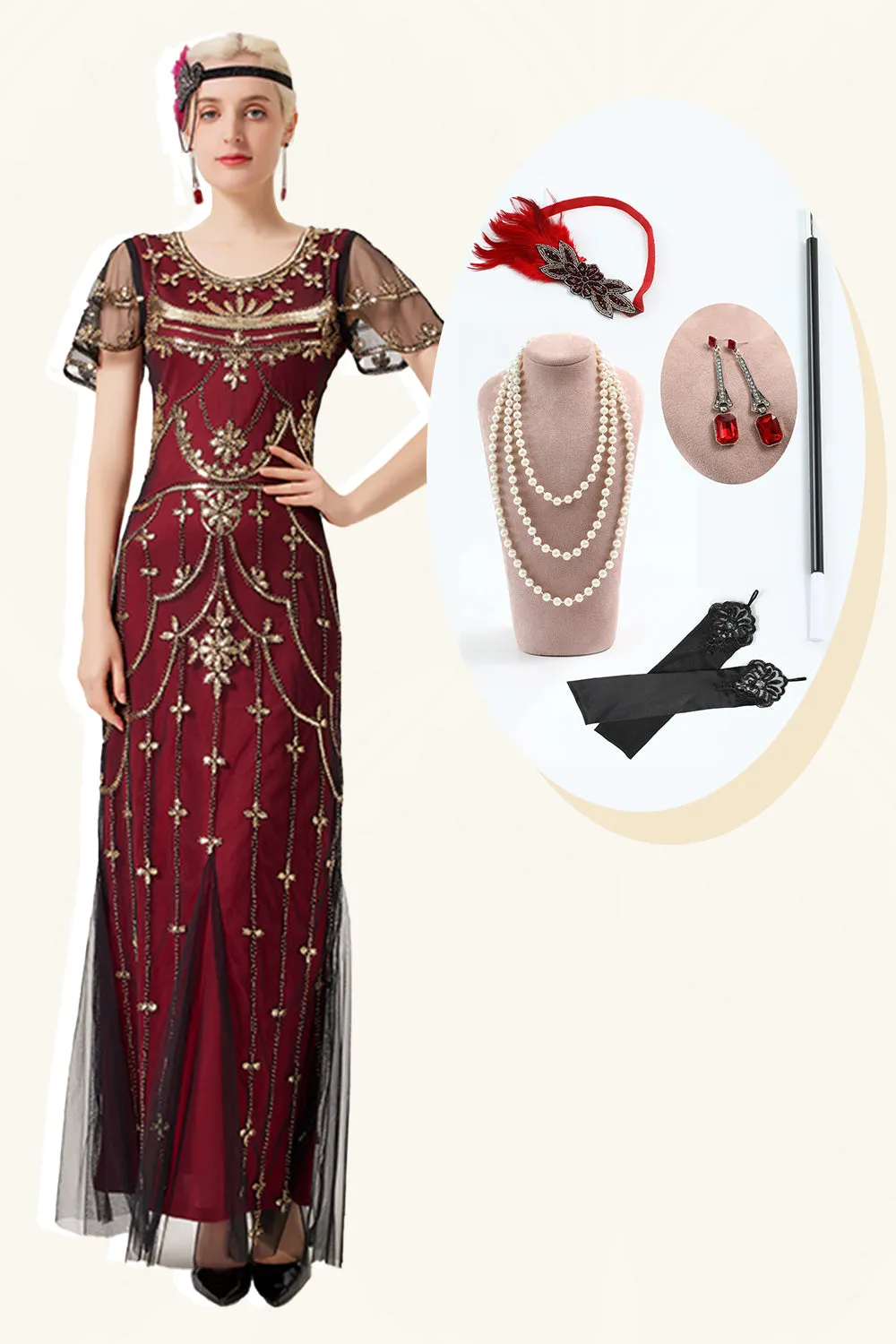 Burgundy Sequins Long 1920s Dress with 20s Accessories Set sold by Zapaka