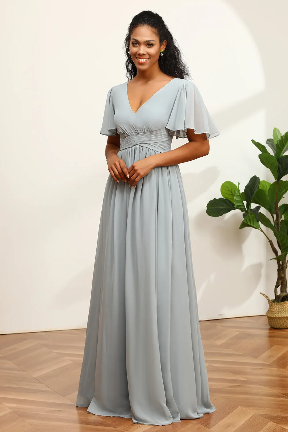 Grey V-Neck Chiffon A-Line Bridesmaid Dress sold by Zapaka product image thumbnail 3