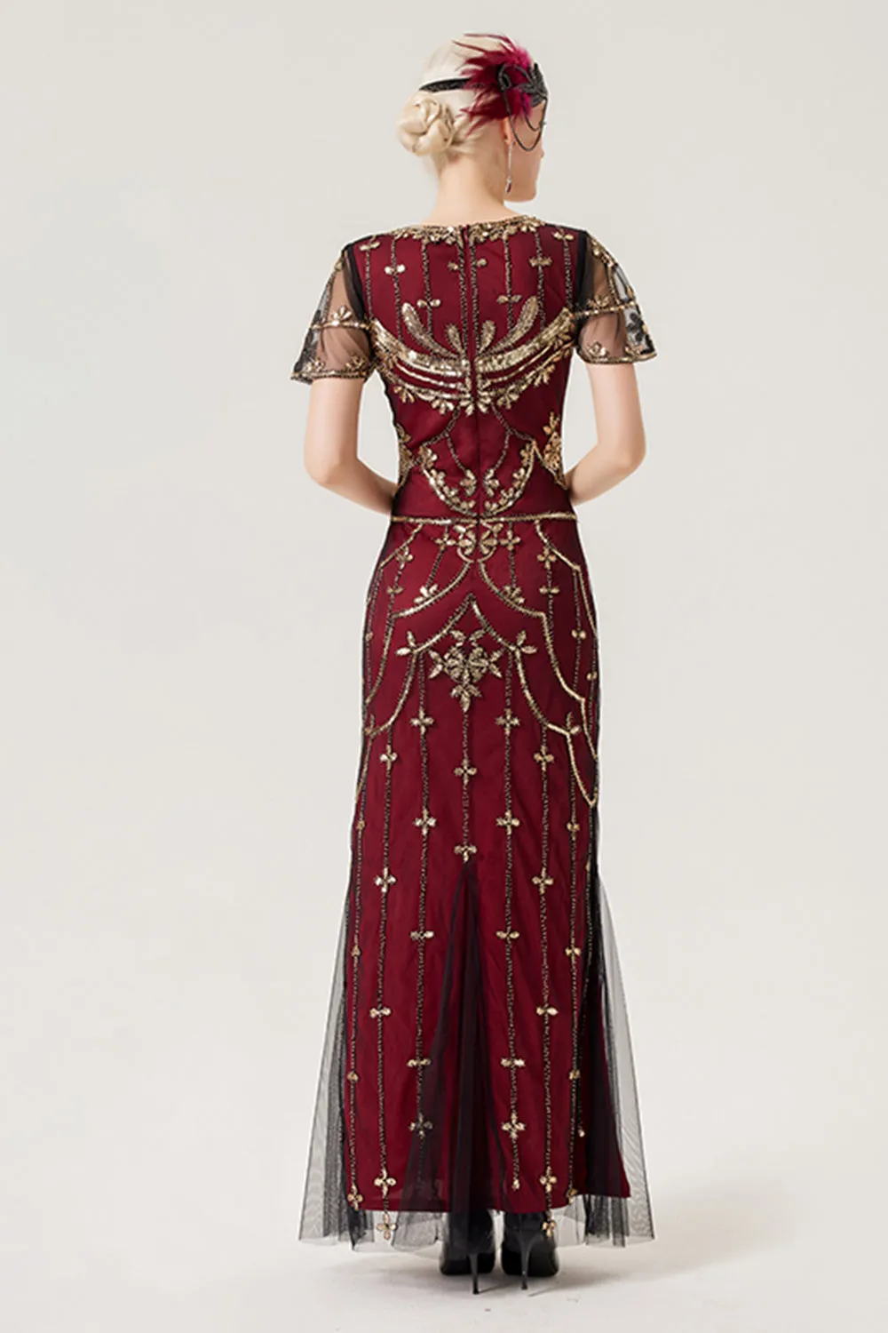 Burgundy Sequins Long 1920s Dress with 20s Accessories Set sold by Zapaka product image thumbnail 2