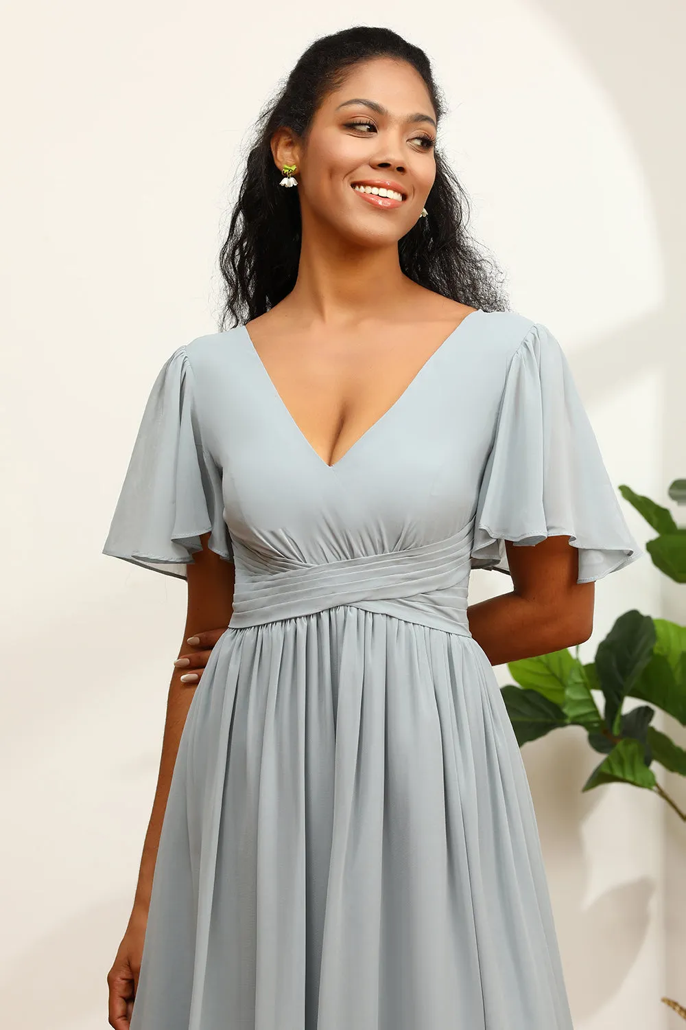 Grey V-Neck Chiffon A-Line Bridesmaid Dress sold by Zapaka product image thumbnail 4