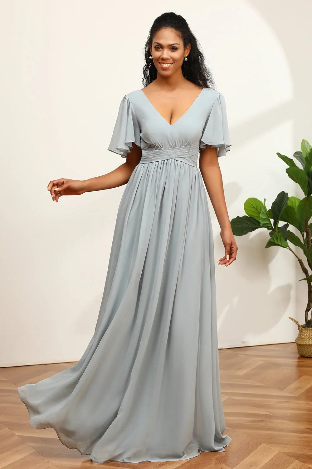 Grey V-Neck Chiffon A-Line Bridesmaid Dress sold by Zapaka