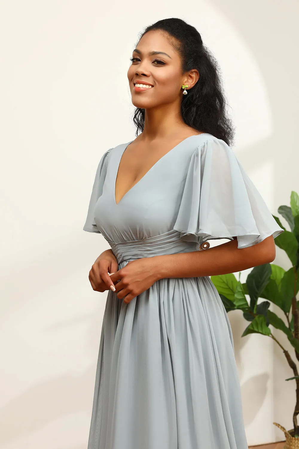 Grey V-Neck Chiffon A-Line Bridesmaid Dress sold by Zapaka product image thumbnail 5