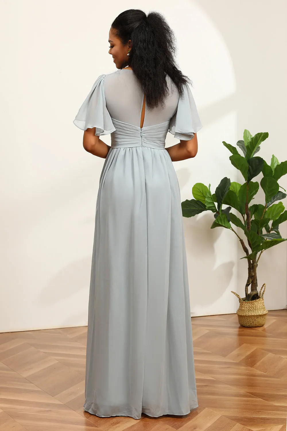 Grey V-Neck Chiffon A-Line Bridesmaid Dress sold by Zapaka product image thumbnail 2