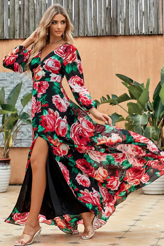 Black Red Flower A-Line V Neck Summer Dress With High Slit sold by Zapaka