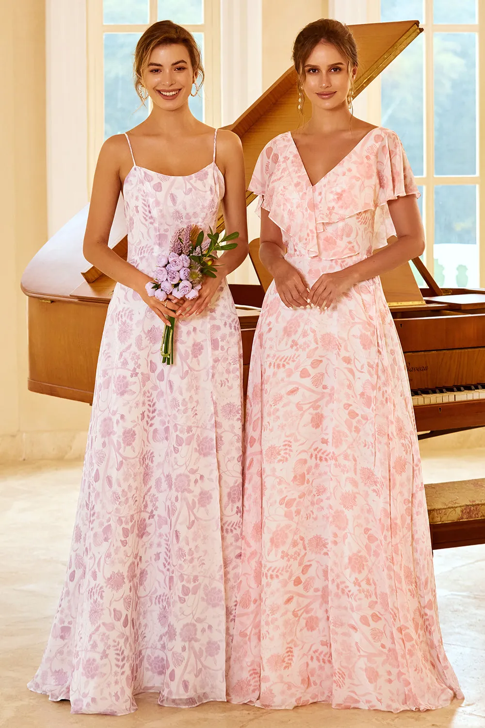 A Line Spaghetti Straps Purple Flower Printed Bridesmaid Dress sold by Zapaka product image thumbnail 3